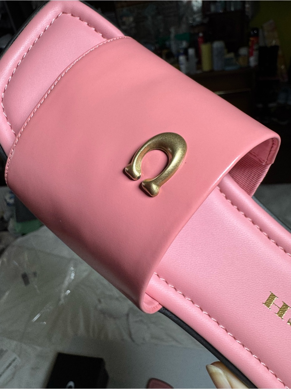 Coach Pink Leather Slide Sandals with Gold Accent , Bubblegum, size 6.5 B - Picture 6 of 8